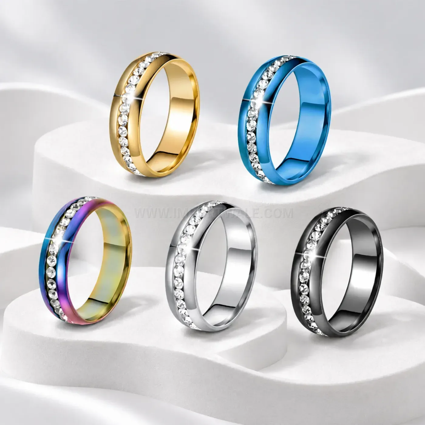 Stainless Steel Rhinestone Inlaid Single Row Band Ring