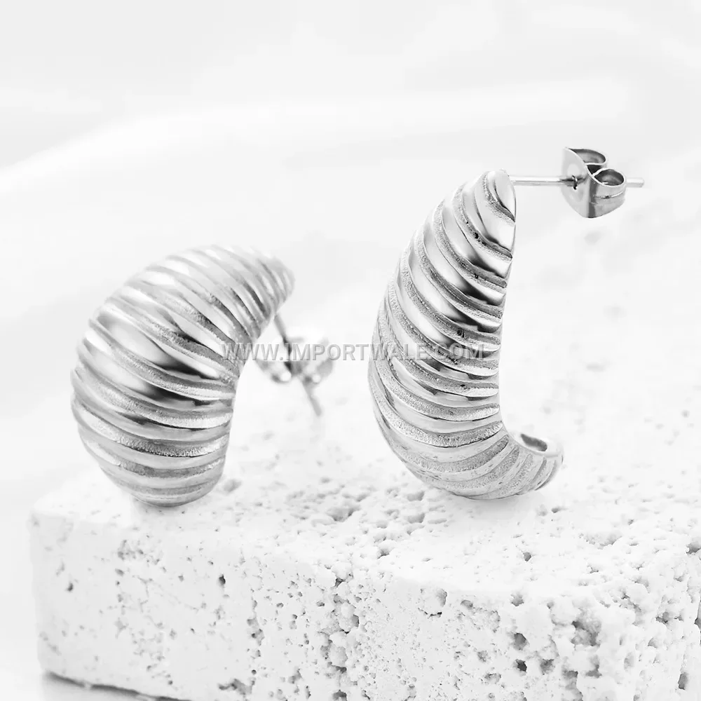 Textured Spiral Stainless Steel Drop Stud Earrings with Gold Plating