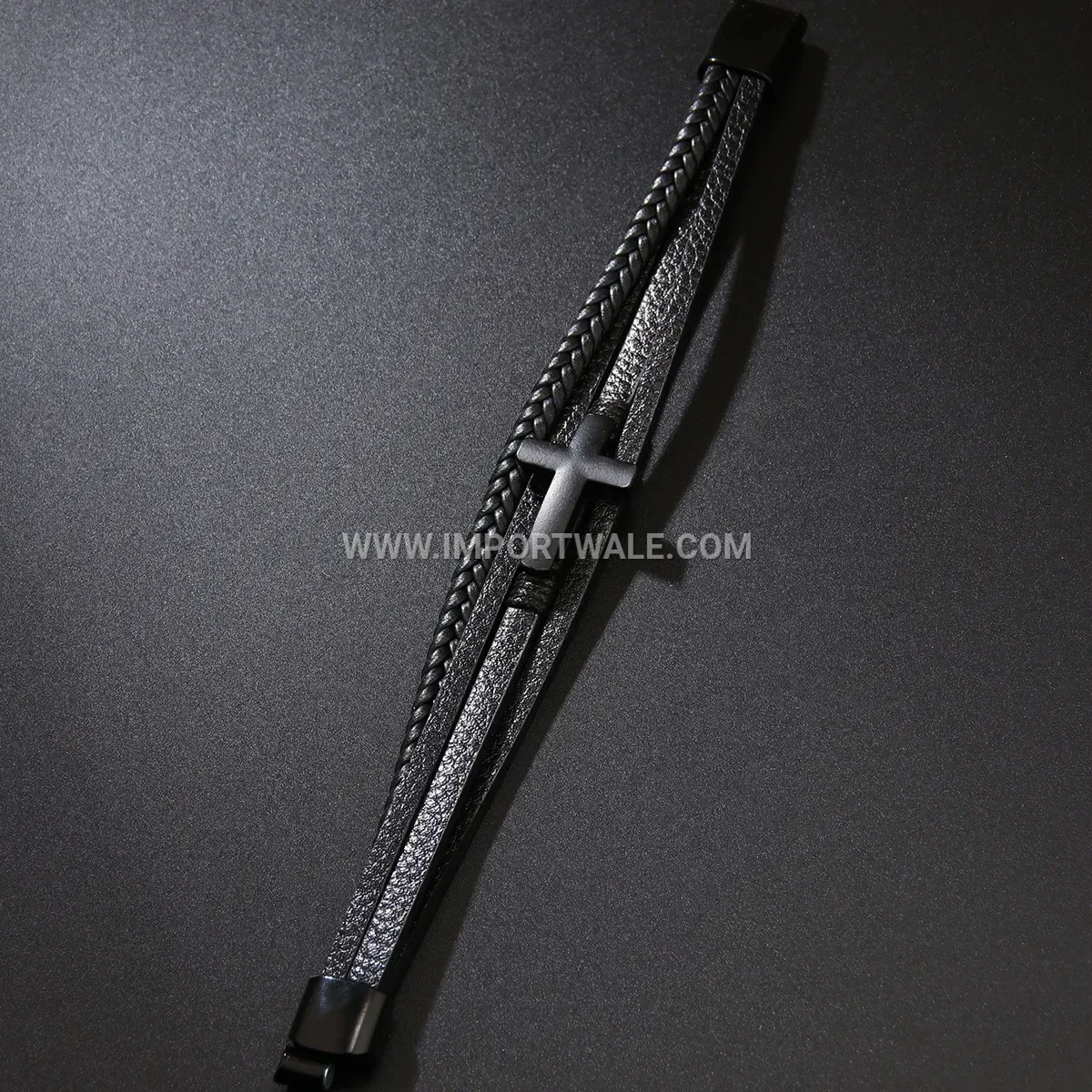 Multi-Strand Woven Leather Cross Bracelet with Magnetic Clasp