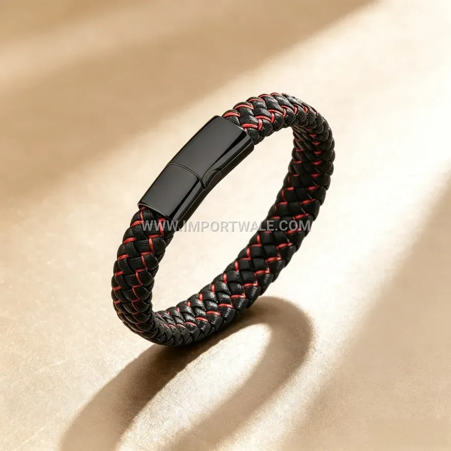 Braided PU Leather Wristband with Alloy Magnetic Clasp