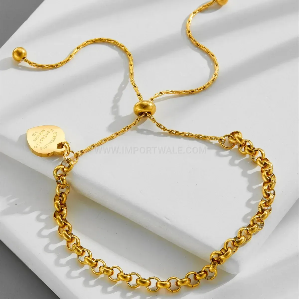 Adjustable Gold Heart Charm Titanium Steel Pearl Chain Bracelet