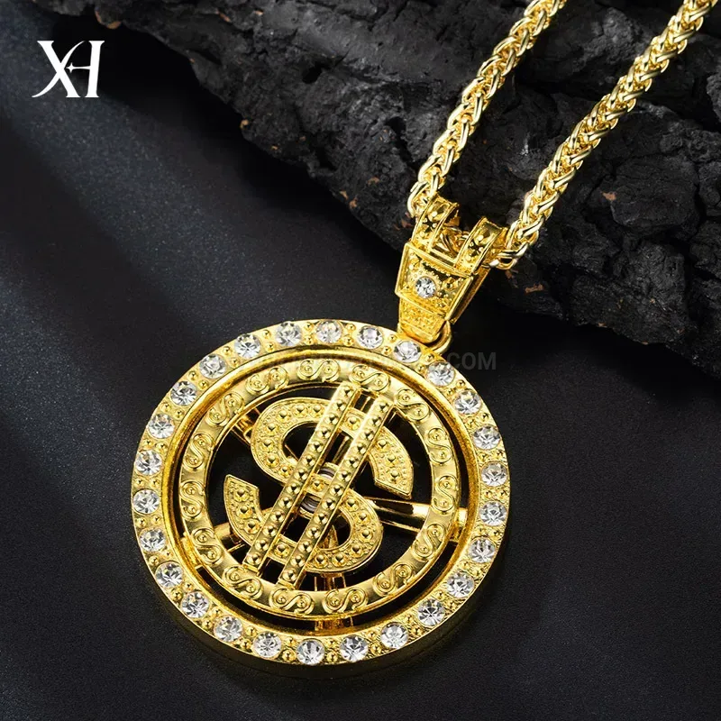 Stylish Spinning US Dollar Sign Pendant Zinc Alloy Men Hip Hop Necklace