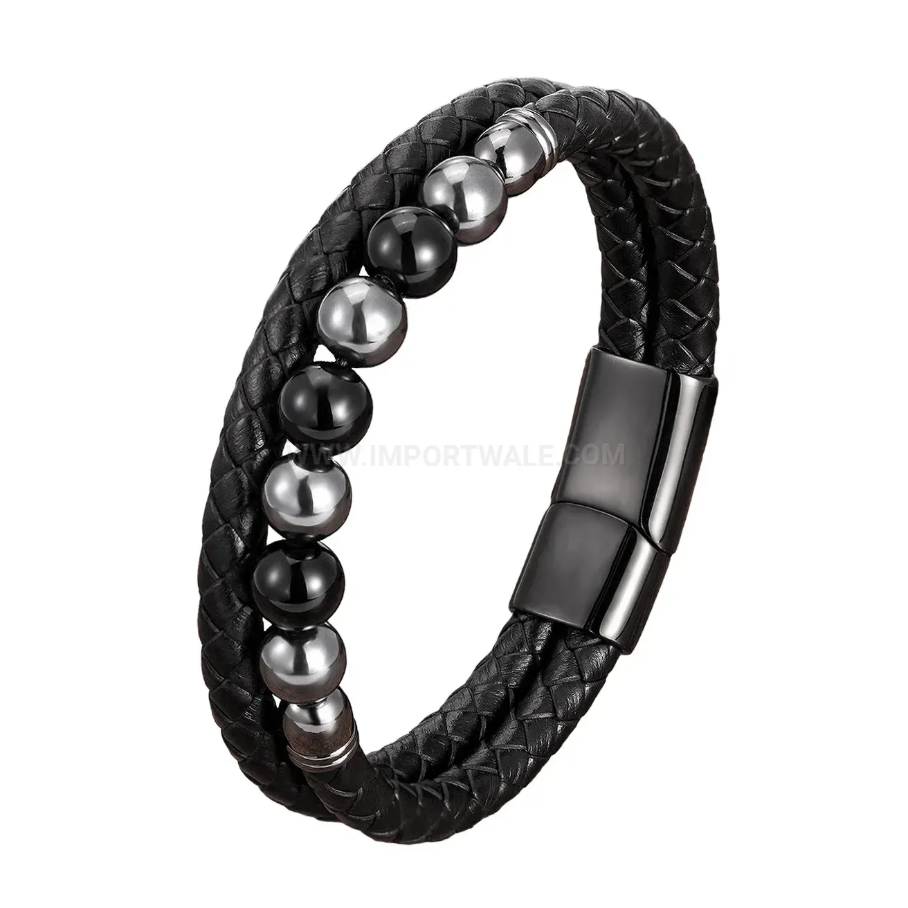 Vintage Handwoven Beaded Leather Bracelet with Steel Clasp