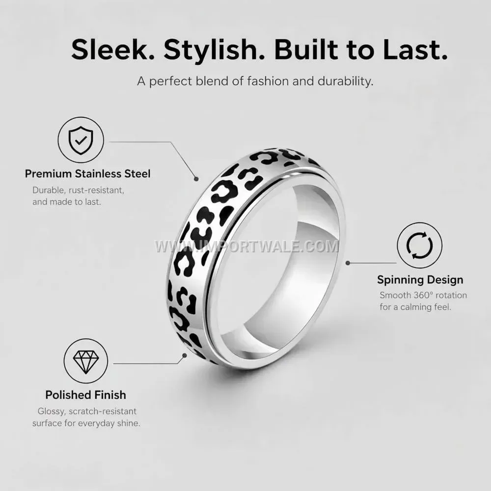 Rotatable Stainless Steel Band Ring with Engraved Leopard Pattern