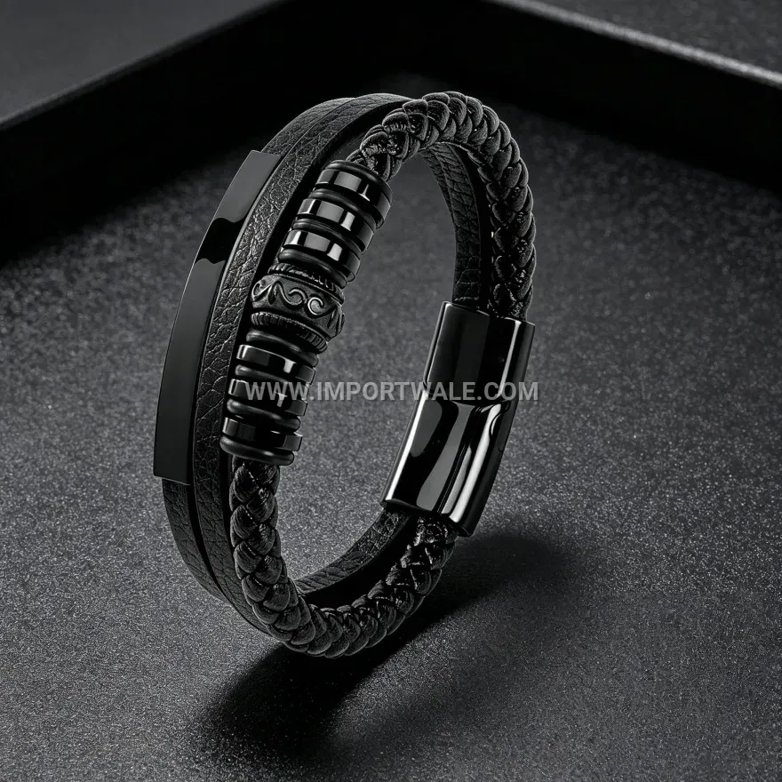 Dark Style Braided Leather Stainless Steel Magnetic Bracelet