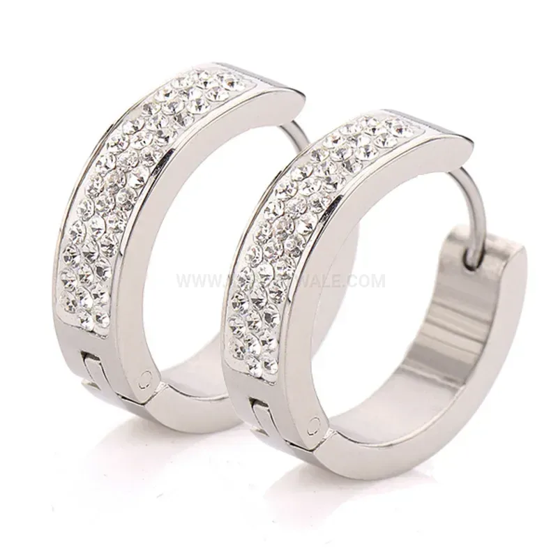 Designer Triple-Row Crystal Embellished Stainless Steel Huggie Earrings