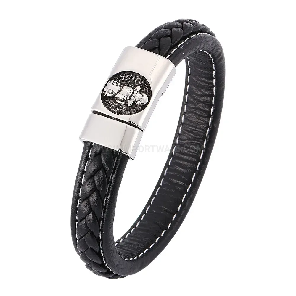 Braided Black Leather Owl Charm Bracelet with Stainless Steel Hardware