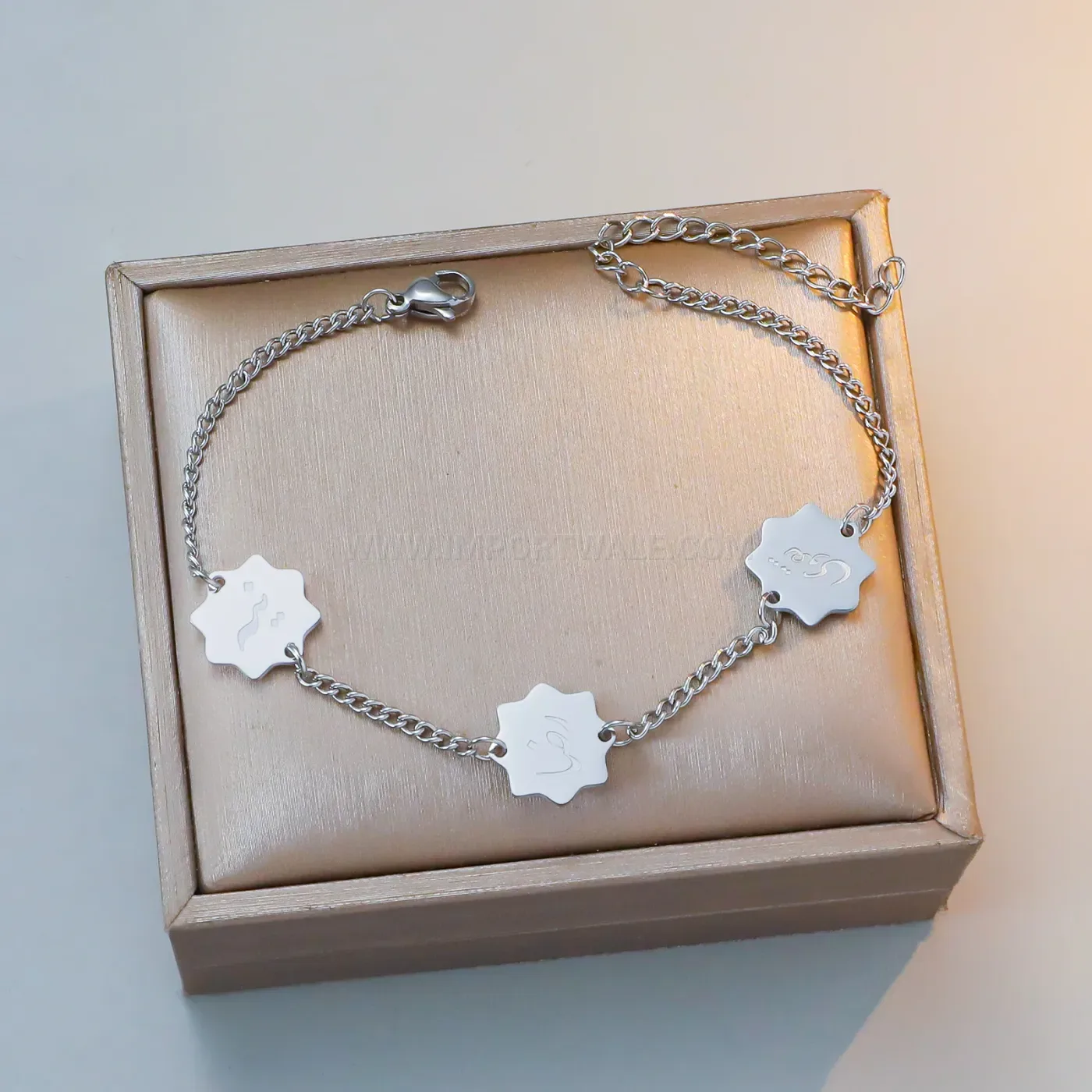 Eight Point Star Arabic Script Stainless Steel Islamic Charm Bracelet