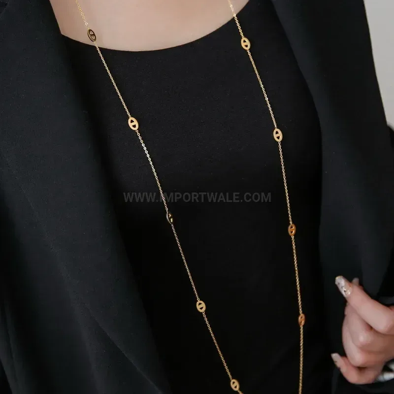 Bold Layered Titanium Steel Pig Nose Link Long Sweater Necklace