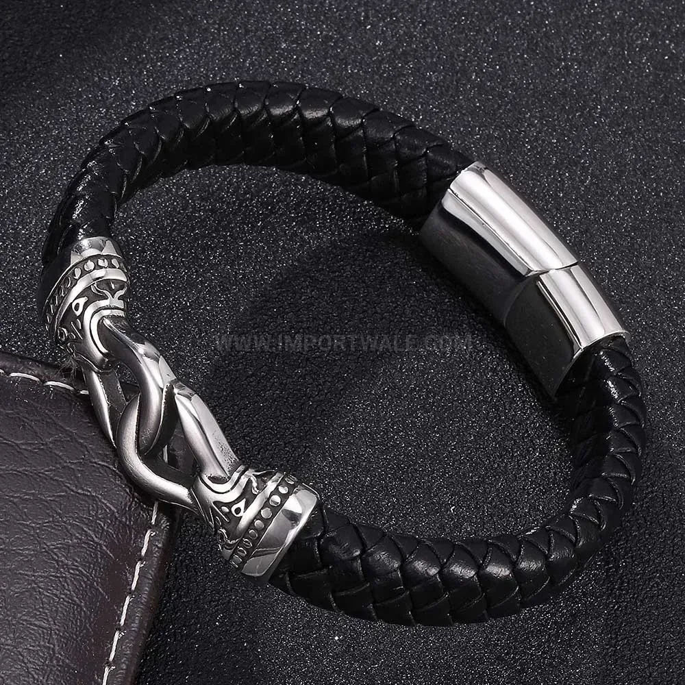 Vintage Totem Stainless Steel and Woven Black Leather Men Bracelet