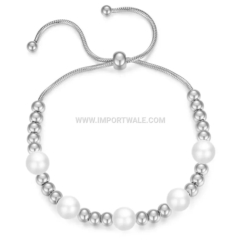 Adjustable Stainless Steel Snake Chain Bracelet with Faux Pearls
