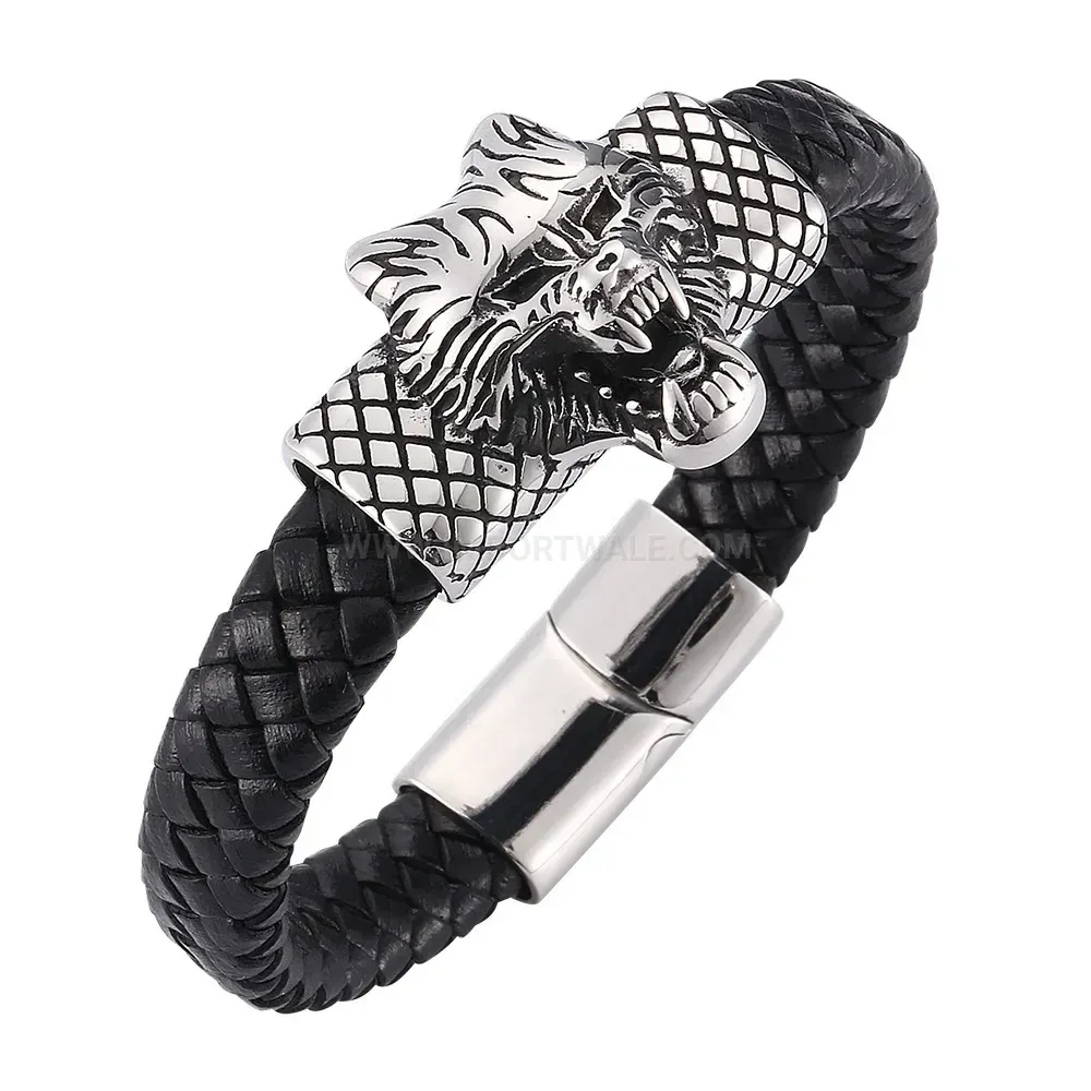 Designer Beast Motif Stainless Steel Magnetic Leather Wristband