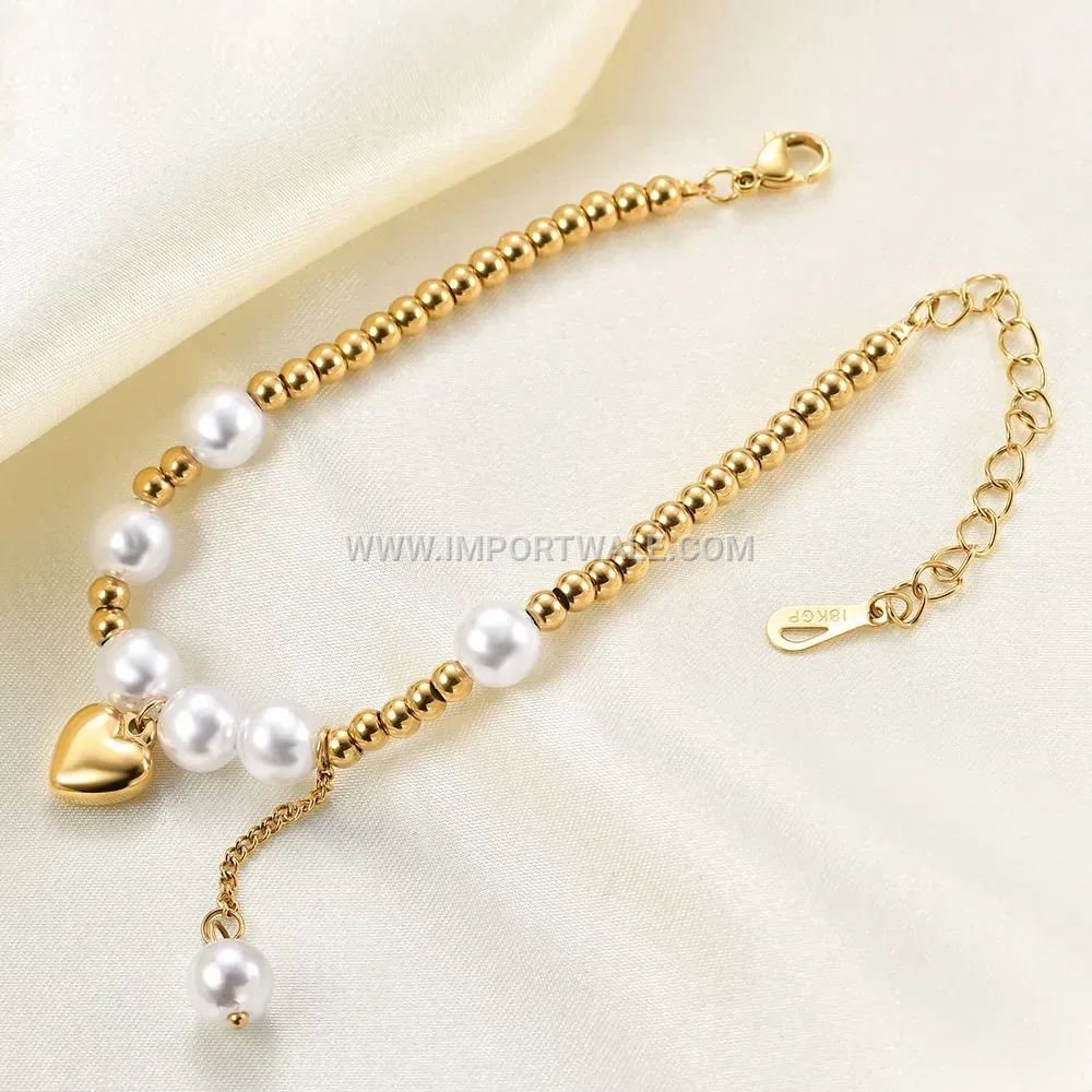 Polished Heart Charm Faux Pearl Beaded Bracelet