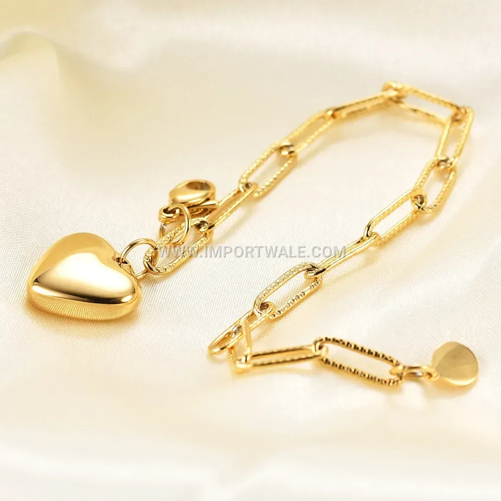 Stainless Steel Paperclip Link Bracelet With Heart Disc Charm