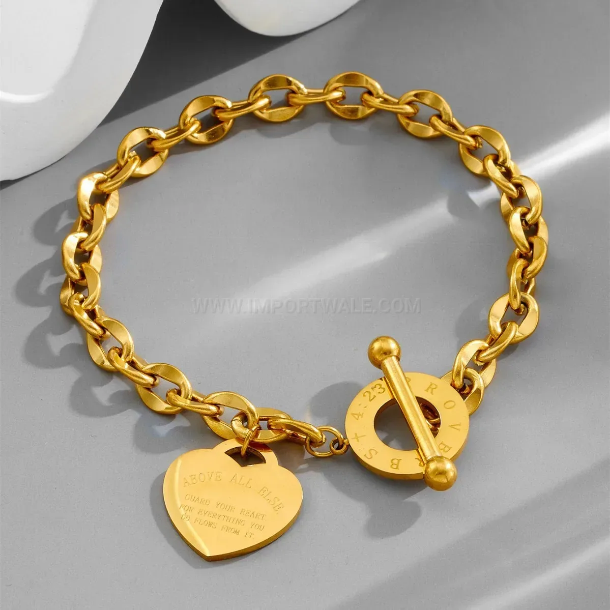 Designer Gold Plated Heart Toggle Clasp Titanium Steel Chain Bracelet