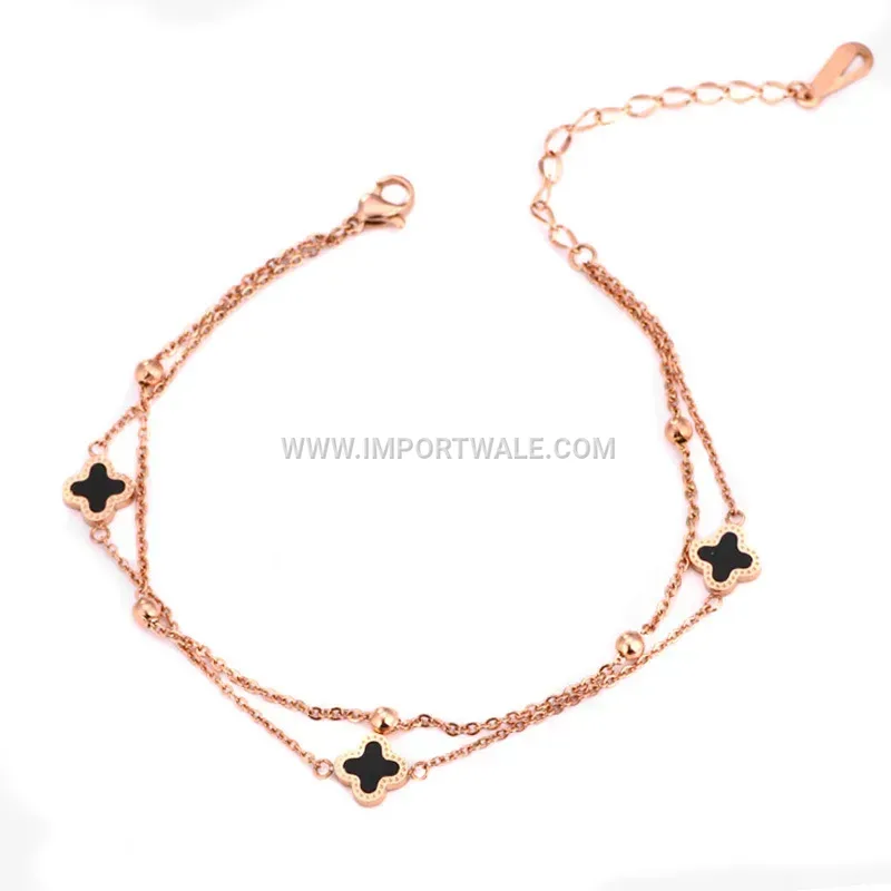 Double Layer Four Leaf Clover Gold Stainless Steel Anklet