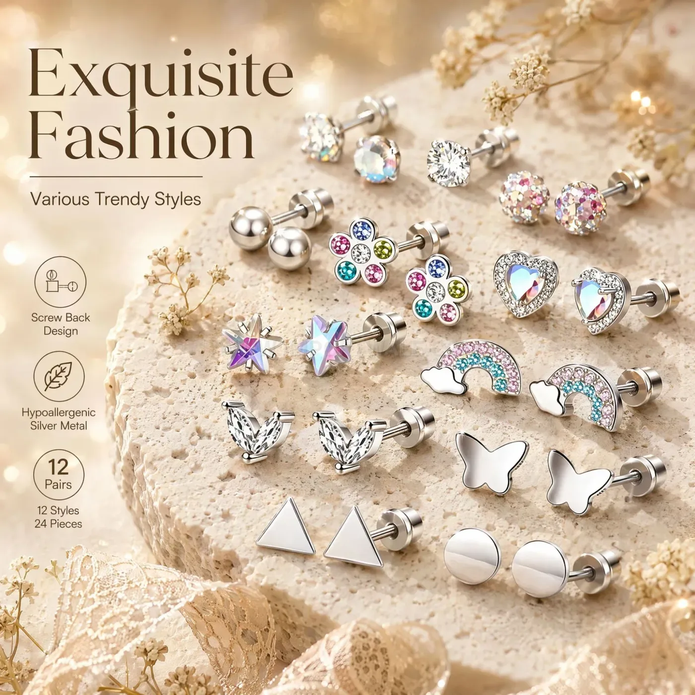 Bold Iridescent Zircon Geometric Threaded Stainless Steel Piercing Stud