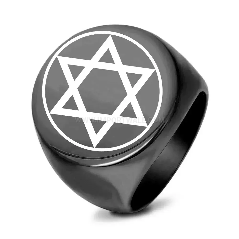 Premium Laser Engraved Hexagram Vintage Stainless Steel Round Signet Ring