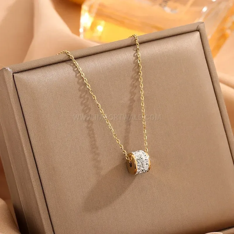 Trendy Rhinestone Cylinder Pendant Rose Gold Plated Stainless Steel Necklace