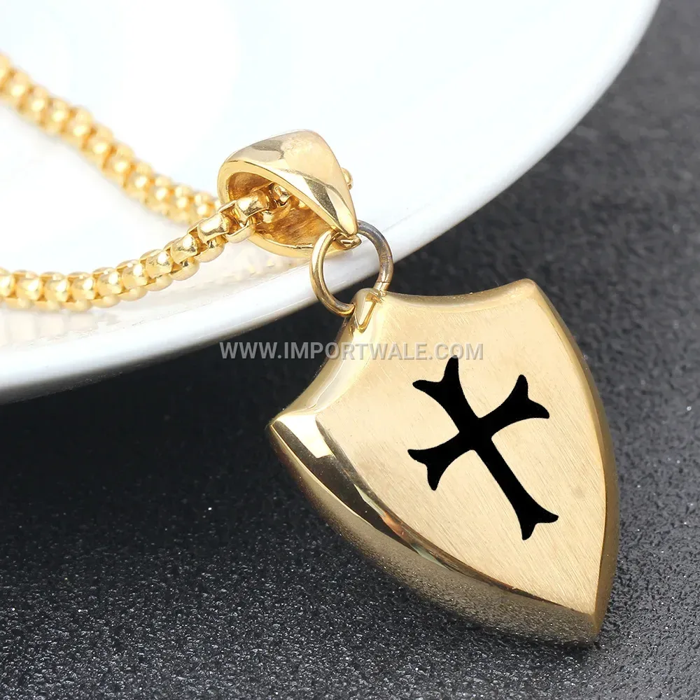 Engraved Shield Cross Stainless Steel Pendant Necklace