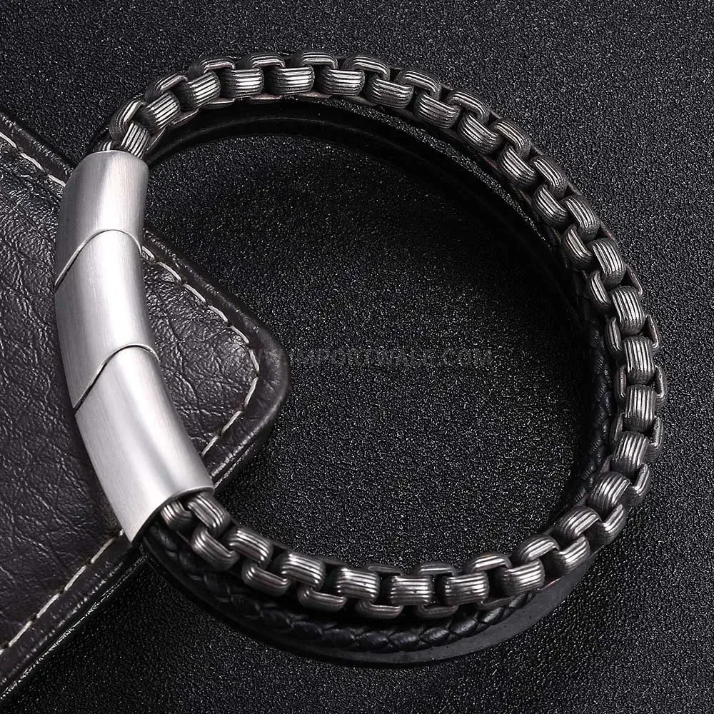 Braided Leather Layered Wristband with Plated Stainless Steel Clasp