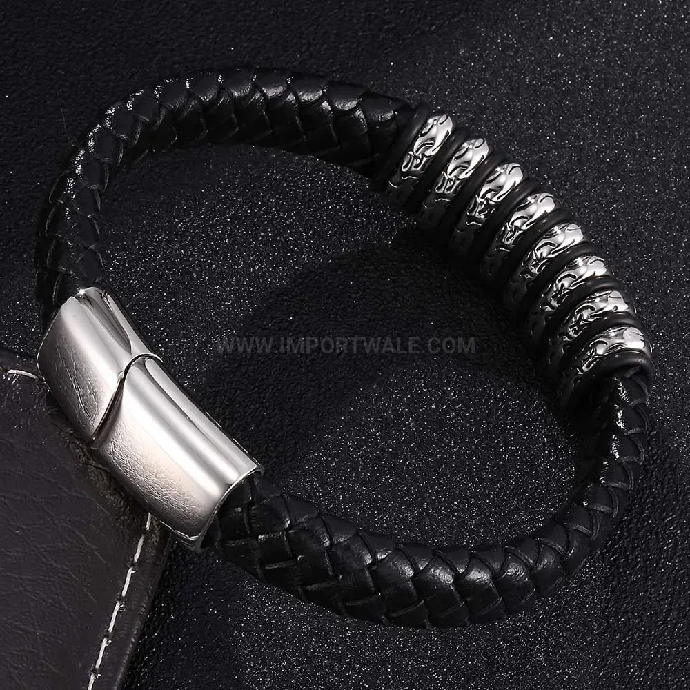 Adjustable Braided Leather Wristband with Stainless Steel Magnetic Clasp