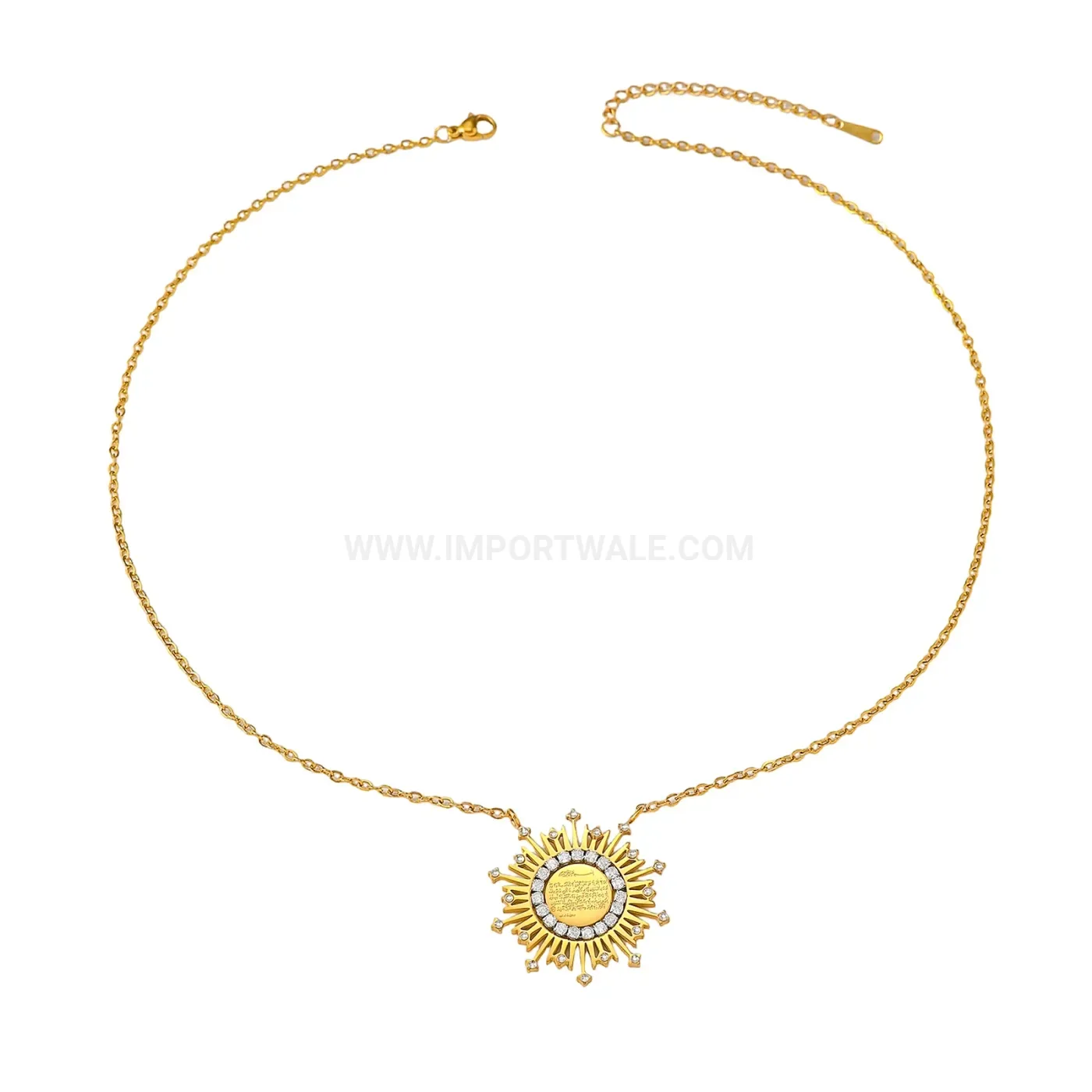 Zircon Stainless Steel Sunburst Ayatul Kursi Calligraphy Pendant Necklace