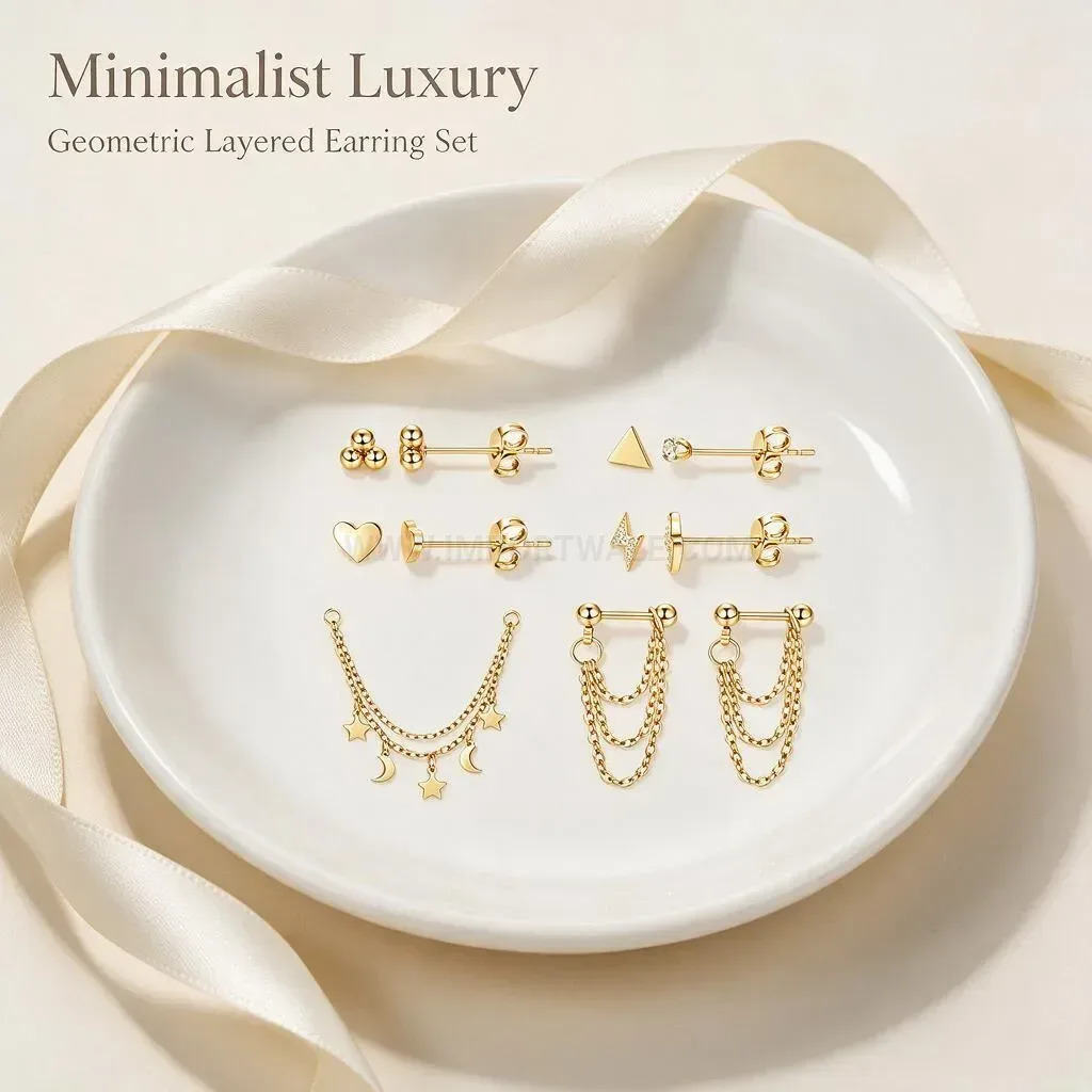 Elegant Stainless Steel Celestial Charm Chain Layering Ear Piercing Stud Set