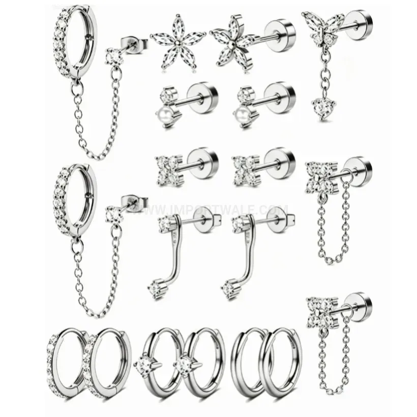 Modern Sparkling Rhinestone Geometric Chain Stainless Steel Ear Piercing Set