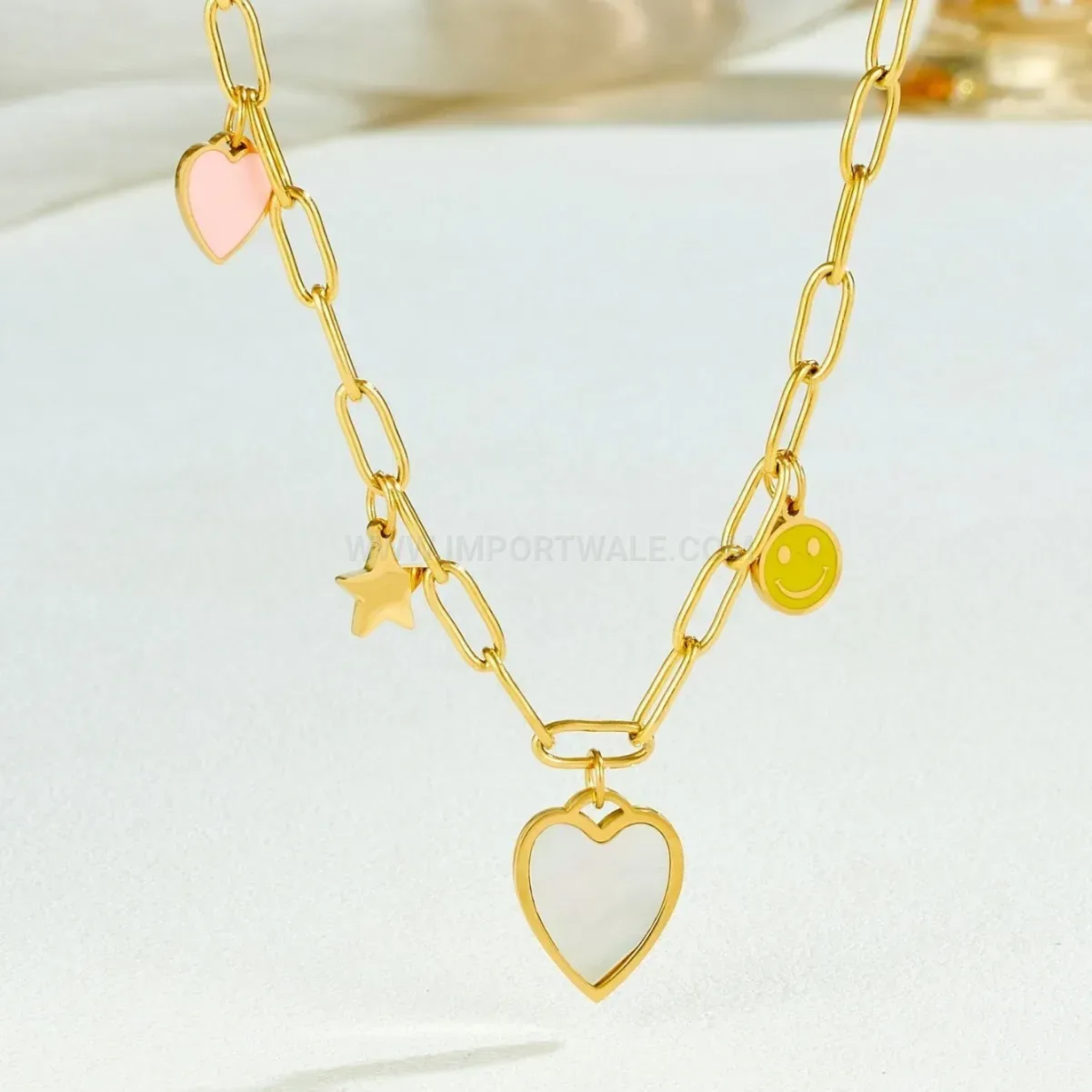 Stainless Steel Heart Beaded Chain Pendant Necklace