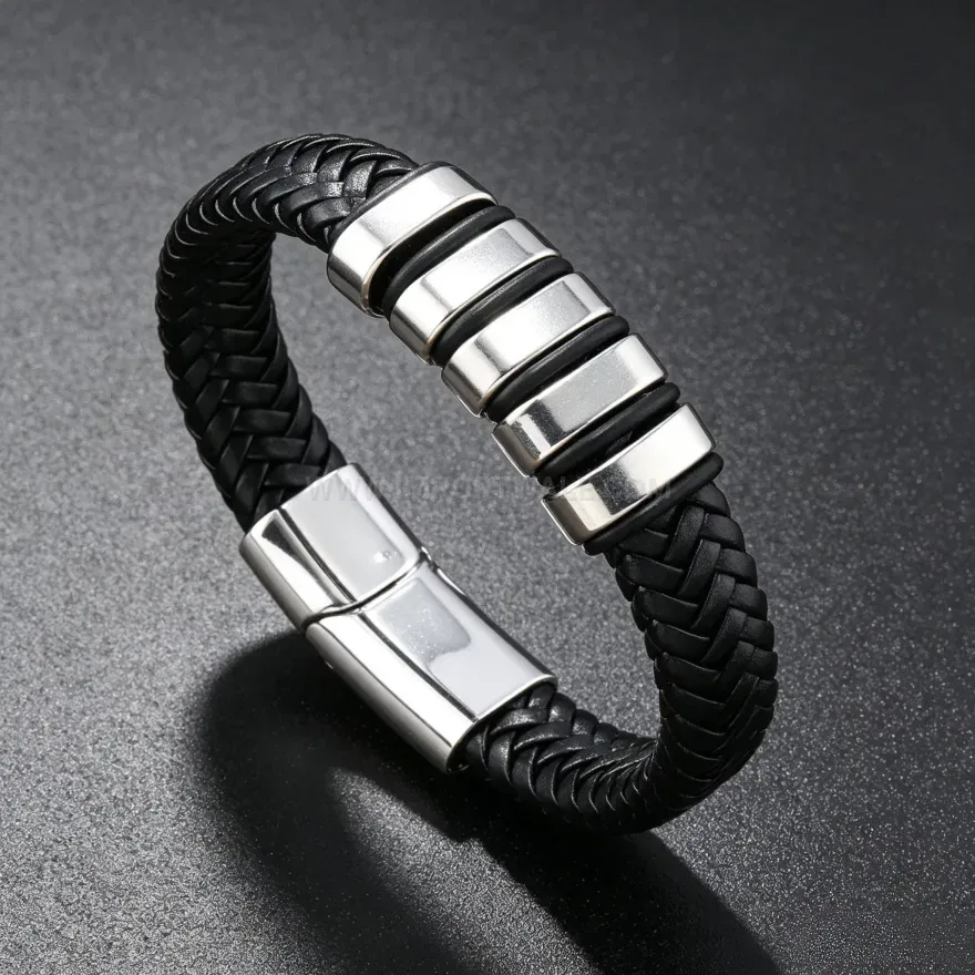 Elegant Braided Faux Leather Wristband Bracelet with Alloy Magnetic Closure