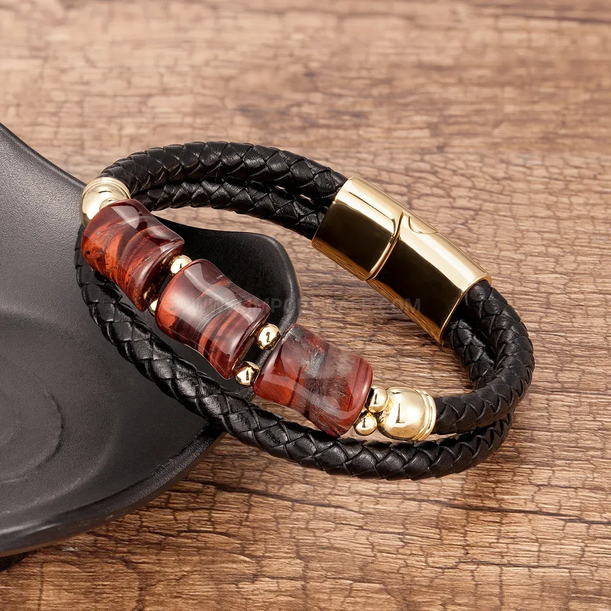 Handcrafted Woven Leather Tiger Eye Stone Stainless Steel Bracelet