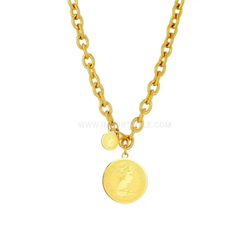 Vintage Portrait Coin Pendant Cuban Chain Titanium Steel Necklace