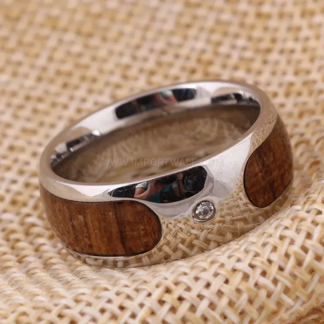 Elegant Wood Grain Inlaid Rhinestone Stainless Steel Couple Ring