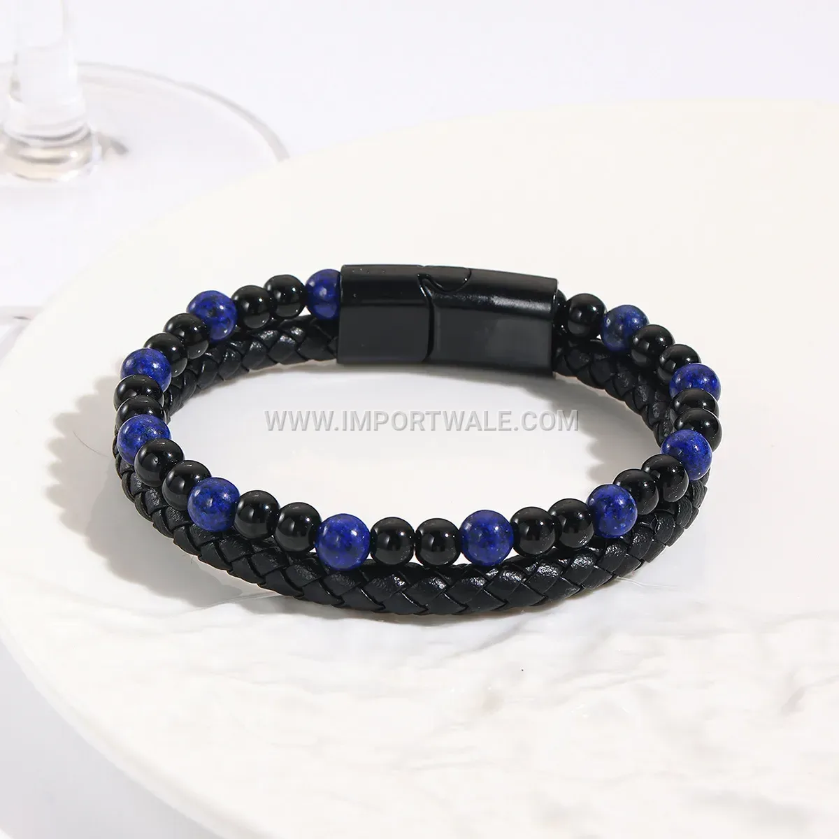 Braided Leather and Natural Stone Bead Men's Cuff Bracelet