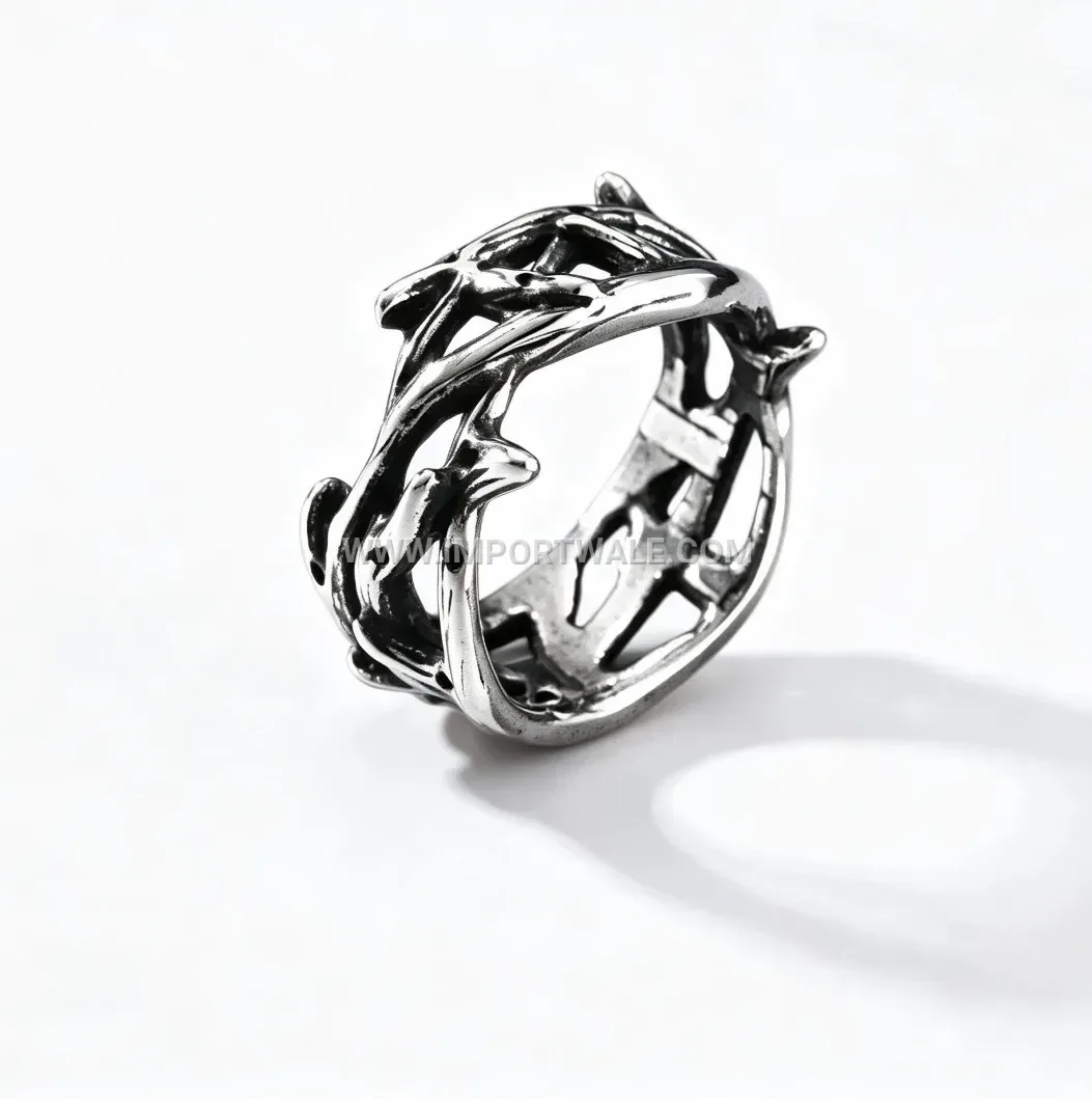Men Antique Stainless Steel Thorns Punk Band Ring