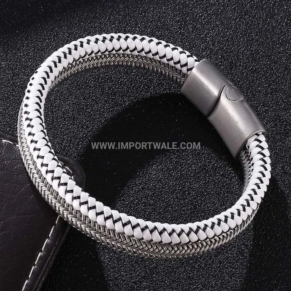 Braided Leather and Steel Wire Men's Statement Wristband Bracelet