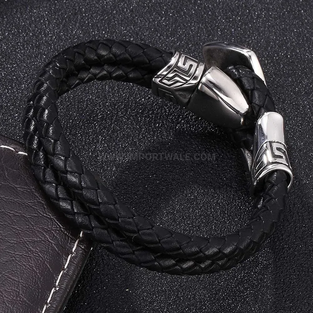 Retro Wing Stainless Steel Woven Leather Bracelet