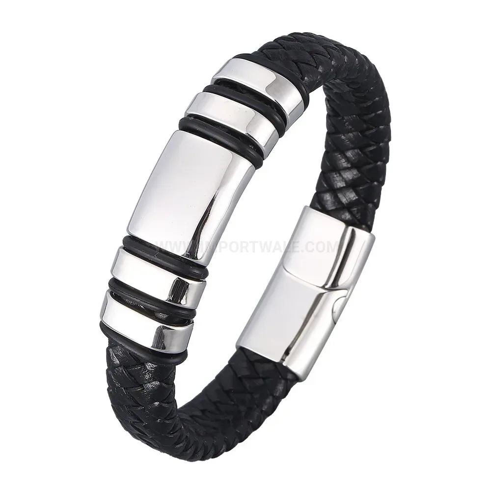 Geometric Stainless Steel Leather Bracelet with Laser Engraving