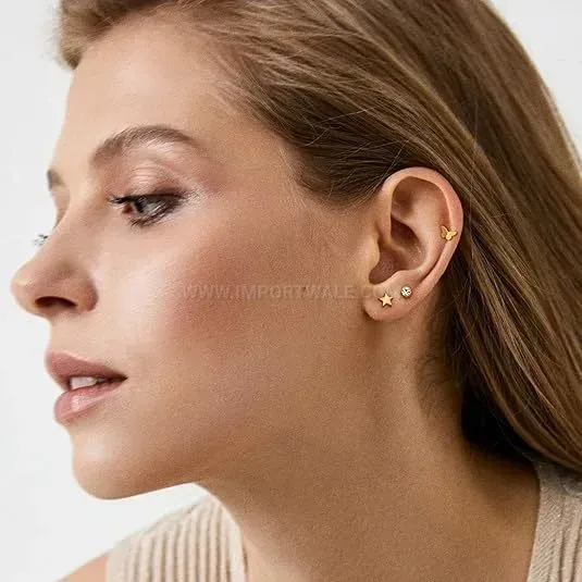 Designer Flat Back Threaded Stainless Steel Piercing Earring Set