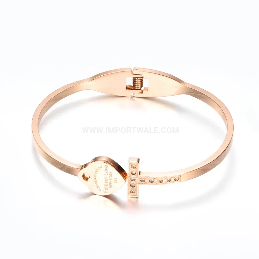 Premium Rhinestone Heart Cross T-Bar Lock Stainless Steel Bangle Bracelet