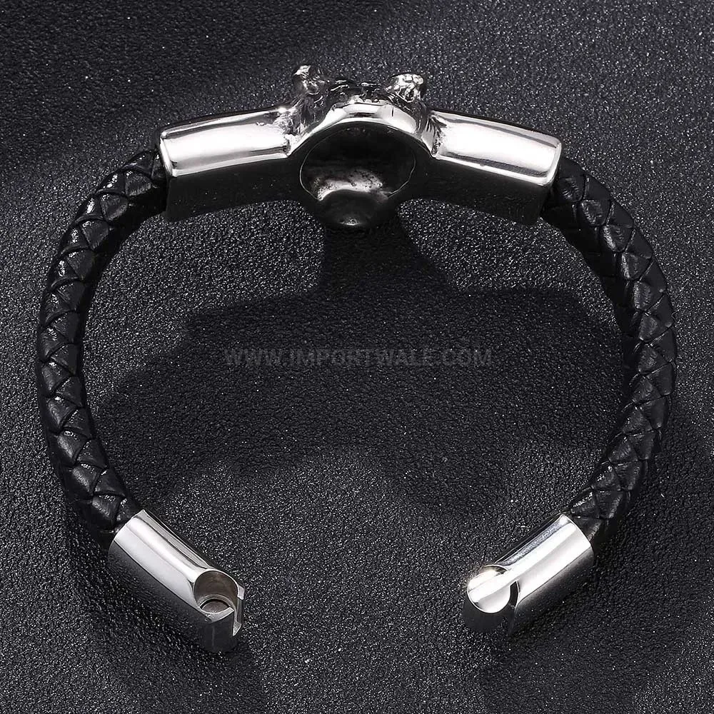 Punk Lion Stainless Steel Braided Leather Magnetic Bracelet