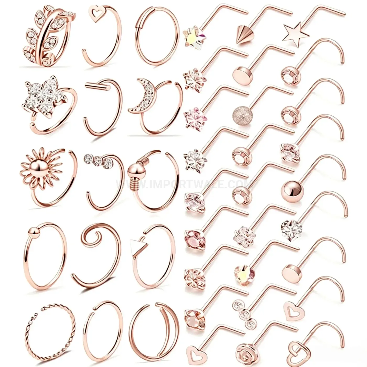 Bold Delicate Gemmed L-Shaped Stainless Steel Nose Stud Set