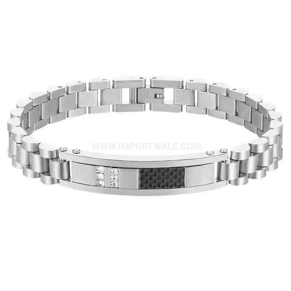 Rhinestone Carbon Fiber Curved Bar Stainless Steel Watchband Bracelet