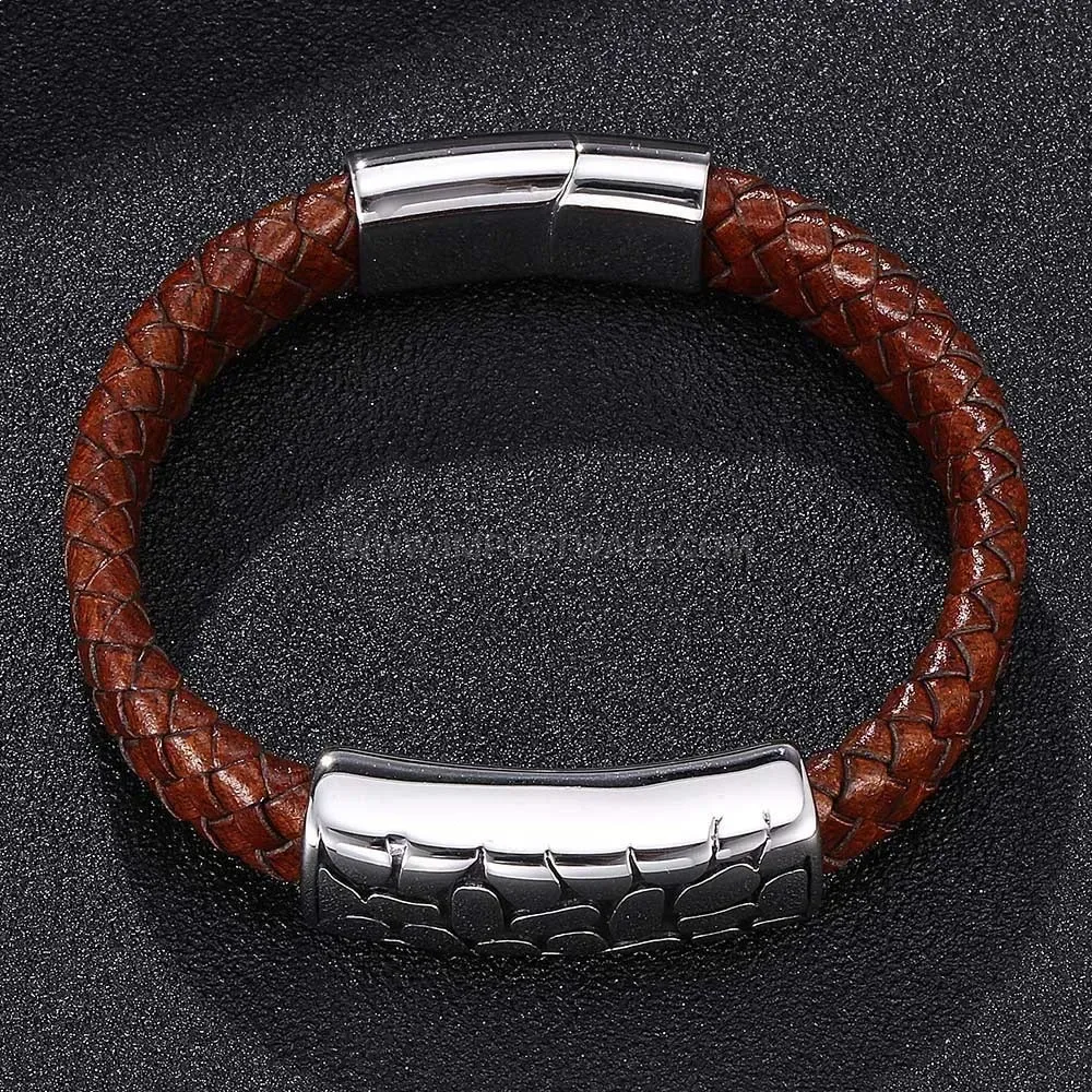 Classic Woven Brown Leather Wristband with Steel Hardware