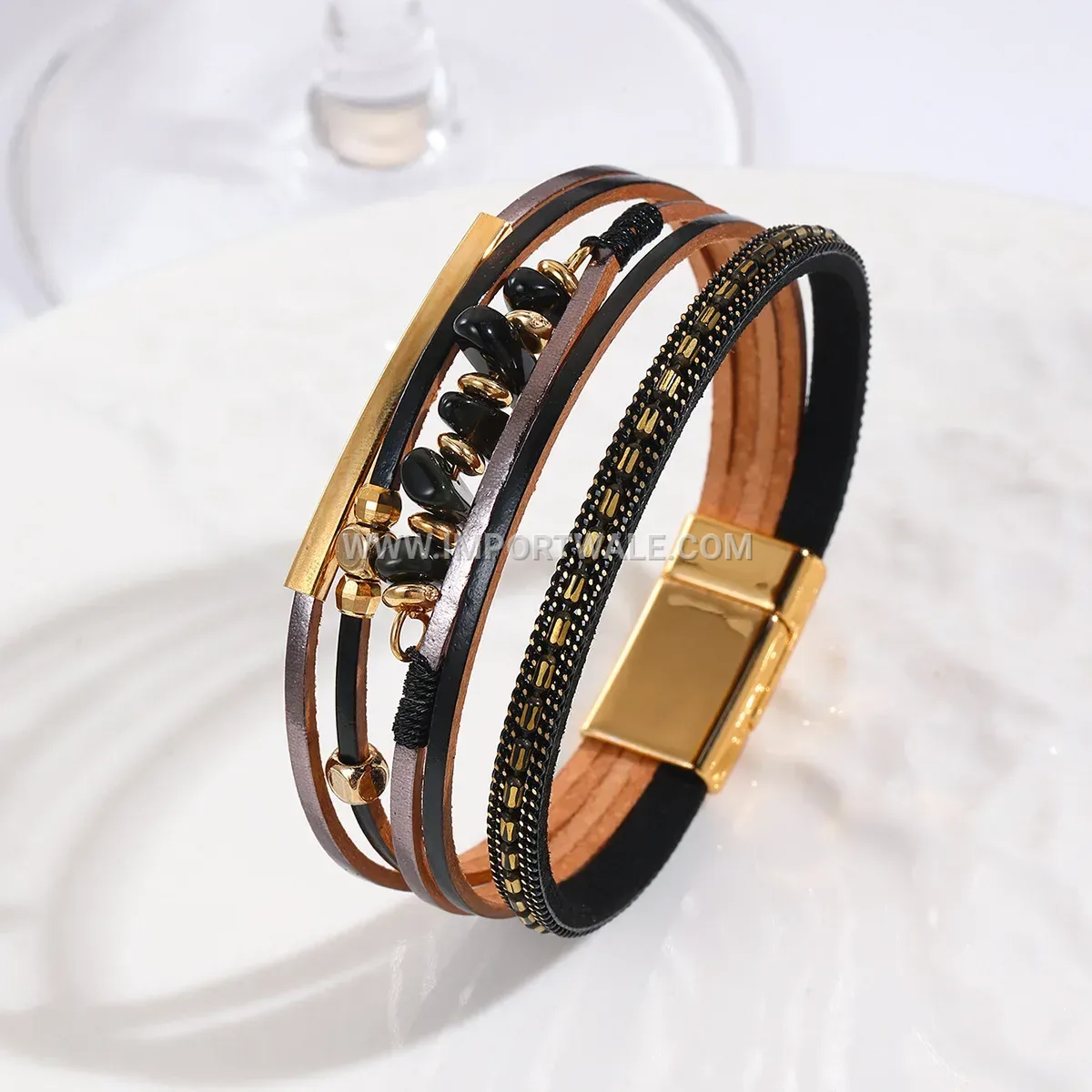 Boho Faux Leather Bracelet with Crushed Stone Accents