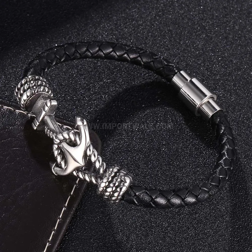 Braided Leather Anchor Charm Bracelet with Magnetic Stainless Steel Clasp