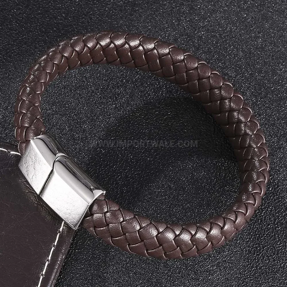 Woven Leather Bracelet with Smooth Stainless Steel Buckle