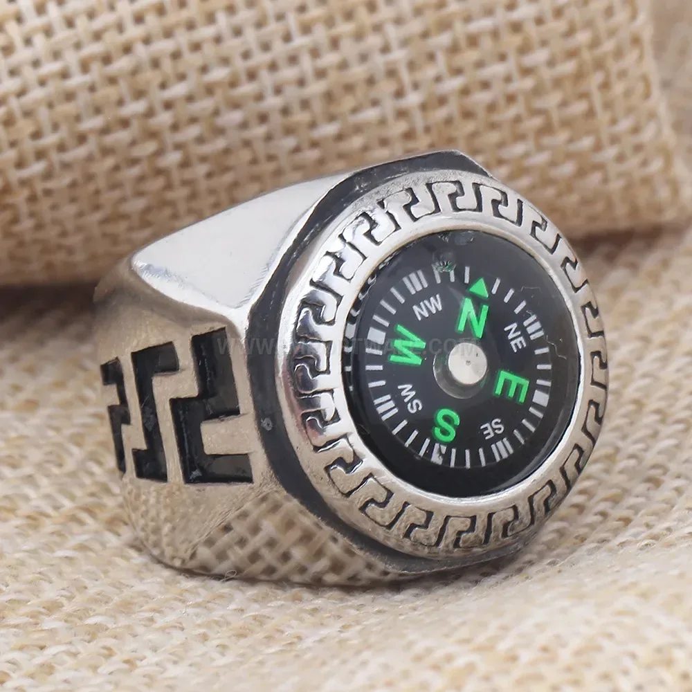 Elegant Round Compass Stainless Steel Statement Ring