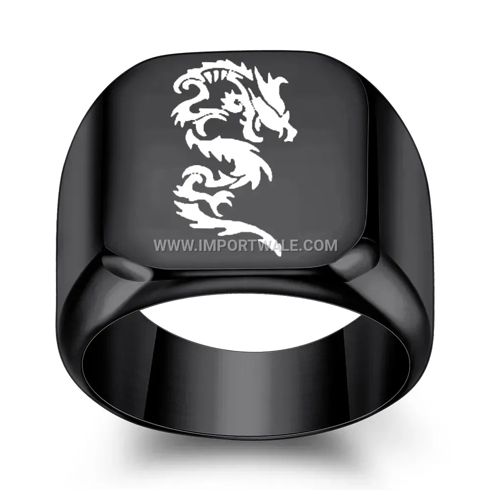 Engraved Dragon Stainless Steel Square Signet Ring